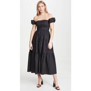 Staud Elio Puff-Sleeve Off-Shoulder Prairie Midi Dress in Black, Size 12